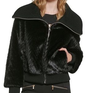 KARL LAGERFELD Faux Fur Side Pocket Funnel Neck Bomber Sz S